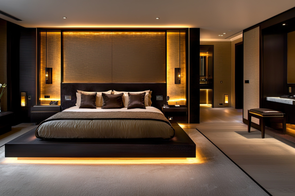 Well-designed vacation rental bedroom showing lighting, bedding, and functional layout details experienced travelers notice